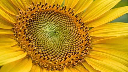 Macro shot of a sunflower center showing intricate seed pattern and detailed yellow petals, sharp focus