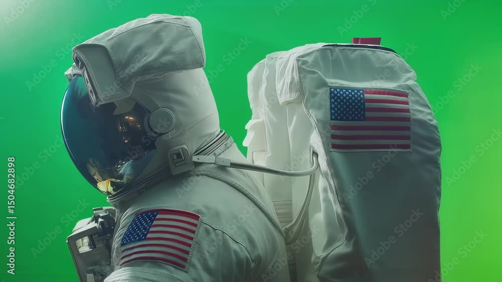 Poster astronaut wearing an american flag patch on their spacesuit makes various gestures and poses against