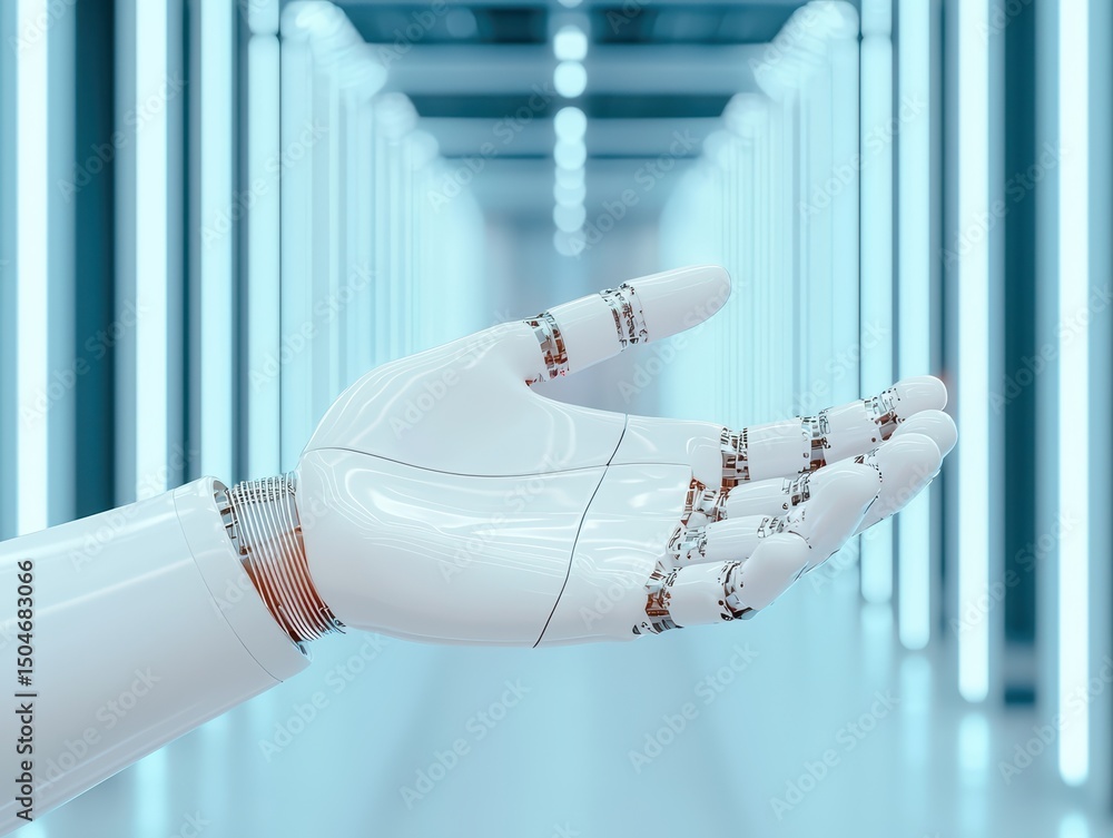 Poster futuristic robotic hand extending in a bright corridor with glowing walls and modern design elements