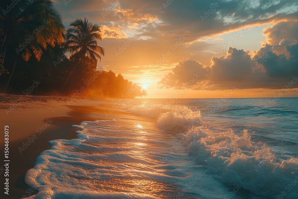 Aufkleber serene sunset at a tranquil beach with palm trees swaying in the gentle breeze and waves lapping the