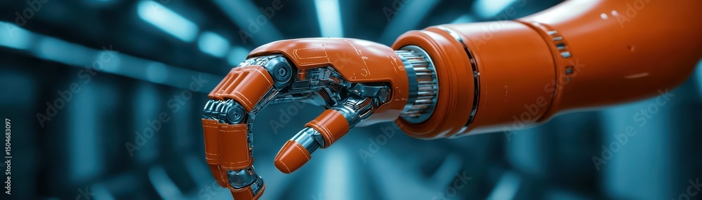 Poster futuristic robotic arm in high-tech environment representing innovation and automation in industry