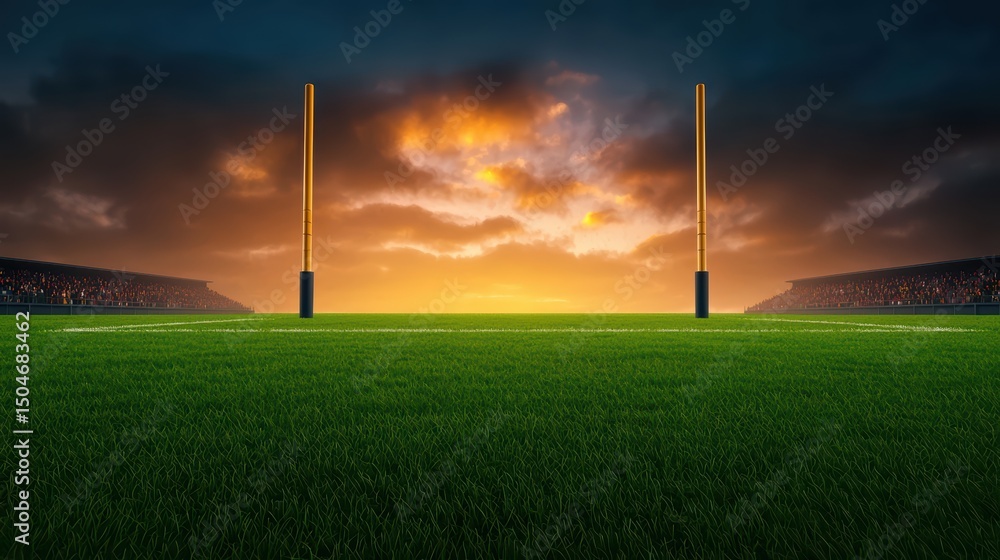 Poster sunset over a rugby field with goal posts and spectators in a stadium surrounded by colorful clouds