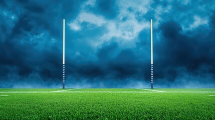 Dramatic Sky Over Rugby Goalposts Surrounded by Lush Green Grass in an Empty Stadium Setting