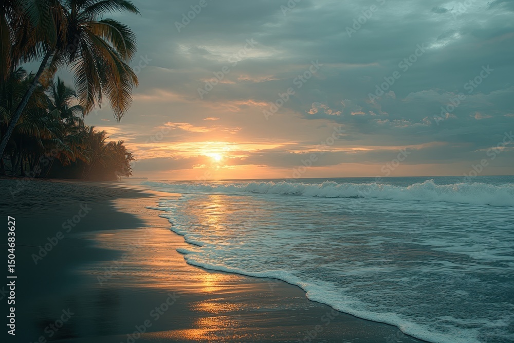 Aufkleber Serene sunset at a tranquil beach with palm trees swaying in the gentle breeze and waves lapping the shore during golden hour