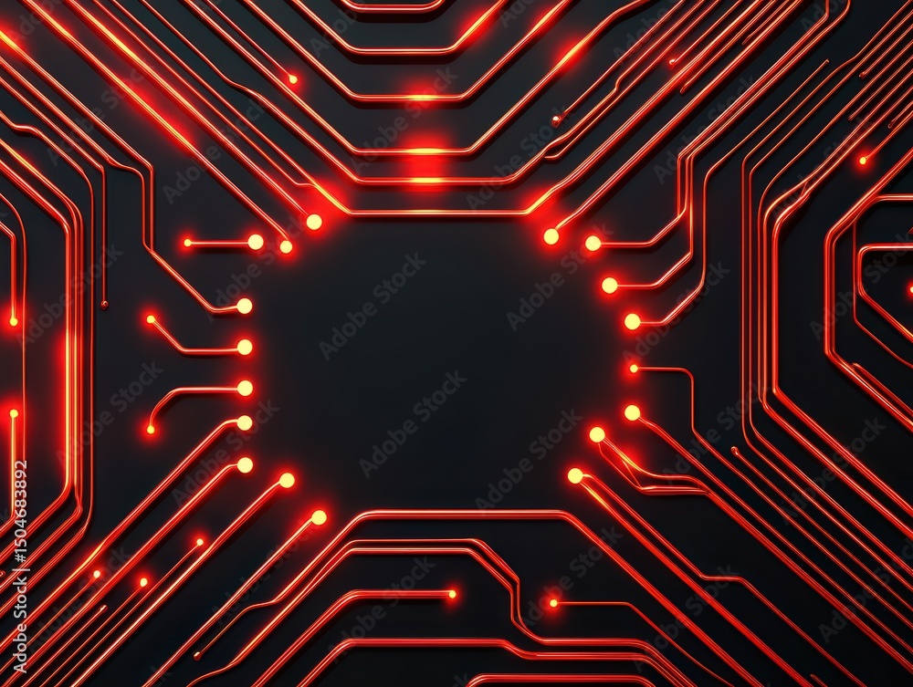 Poster abstract circuit board design with red lines and space for text on dark background