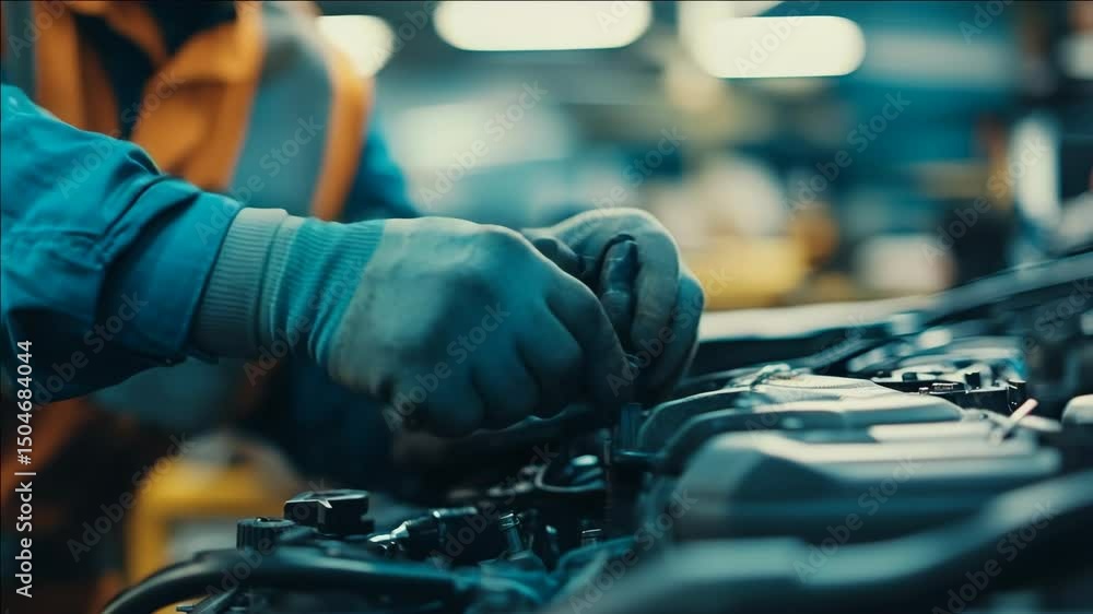 Poster man in workshop working on engine with tools.