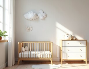 Modern nursery room with baby bed, chest of drawers, decor. Minimalist design, free space on white wall for picture, text. Cozy, bright interior. Mockup, copy space for design. 3D rendering.