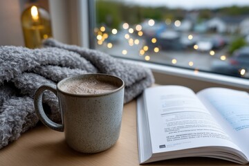 A warm scene featuring a cup of coffee, a cozy blanket, and an open book by the window overlooking a bustling street and twinkling lights in the background.