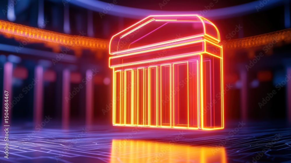 Poster neon outline of a classical building with columns in a futuristic digital environment