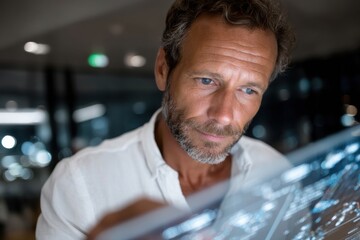 A contemplative individual studies a digital interface, reflecting the integration of technology and human insight in a professional and modern workspace environment.