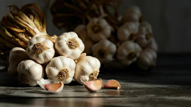 Fresh garlic bulbs and cloves on rustic table, natural light