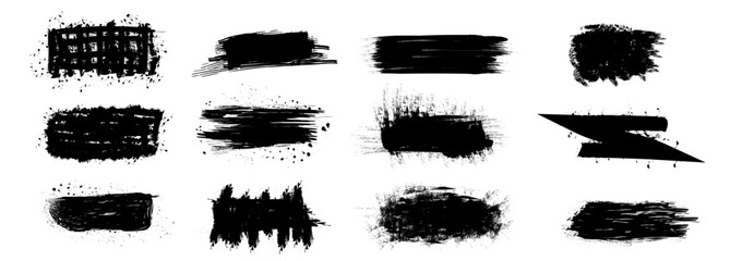 Variety of black brush strokes showcasing different textures and styles for graphic design and artistic projects.