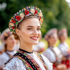 Fototapeta premium Beautiful young woman in traditional ethnic costume with floral headdress smiles at cultural festival event