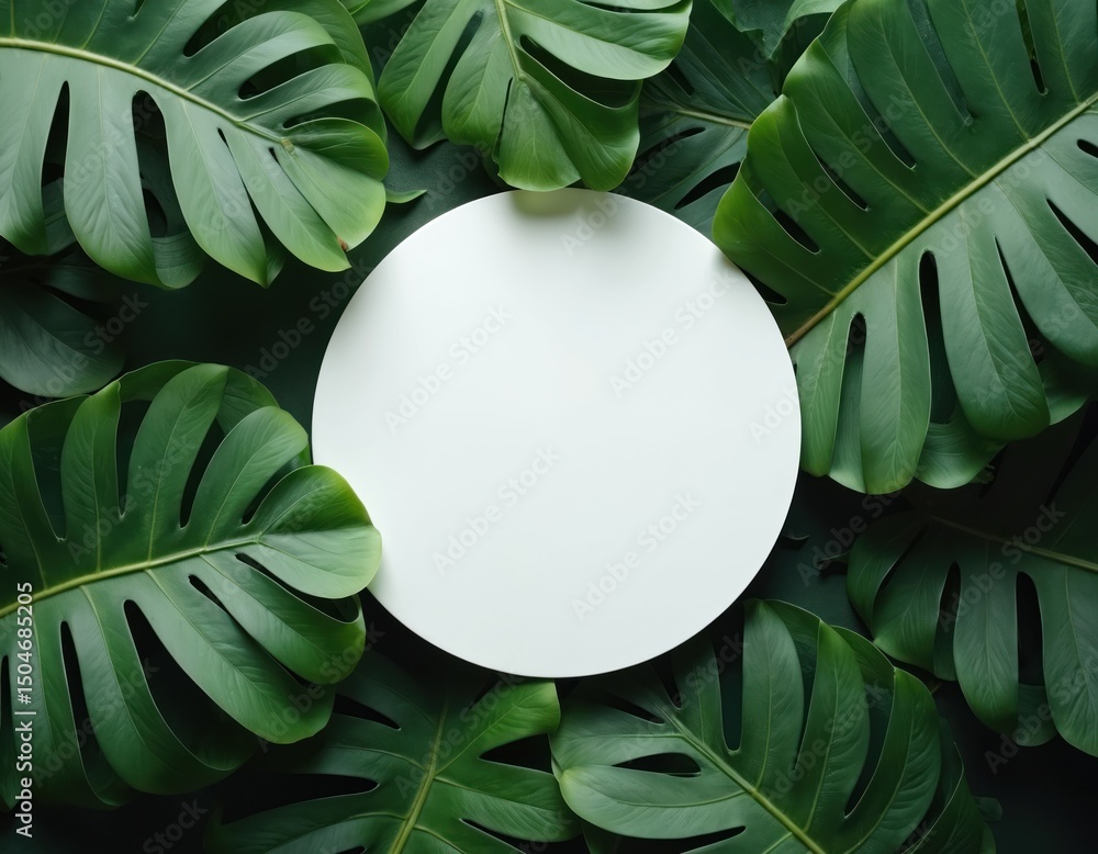 Aufkleber white circle mockup surrounded by green monstera leaves. minimal nature concept. white round frame w