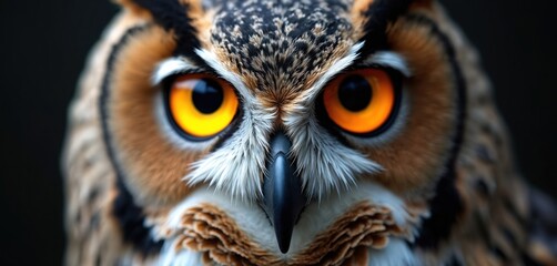 Obraz premium Close-up image of owl face. Big yellow eyes looking at camera, sharp details. Beautiful plumage, feather texture. Night bird of prey predator wildlife.