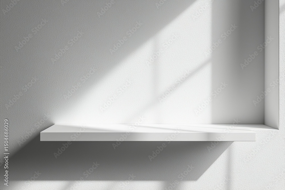 Poster a white shelf with a window in the background