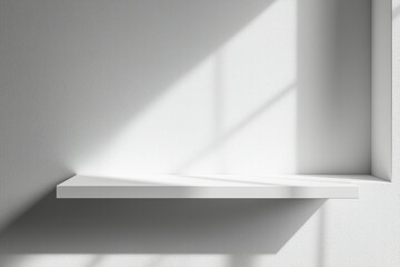 A white shelf with a window in the background