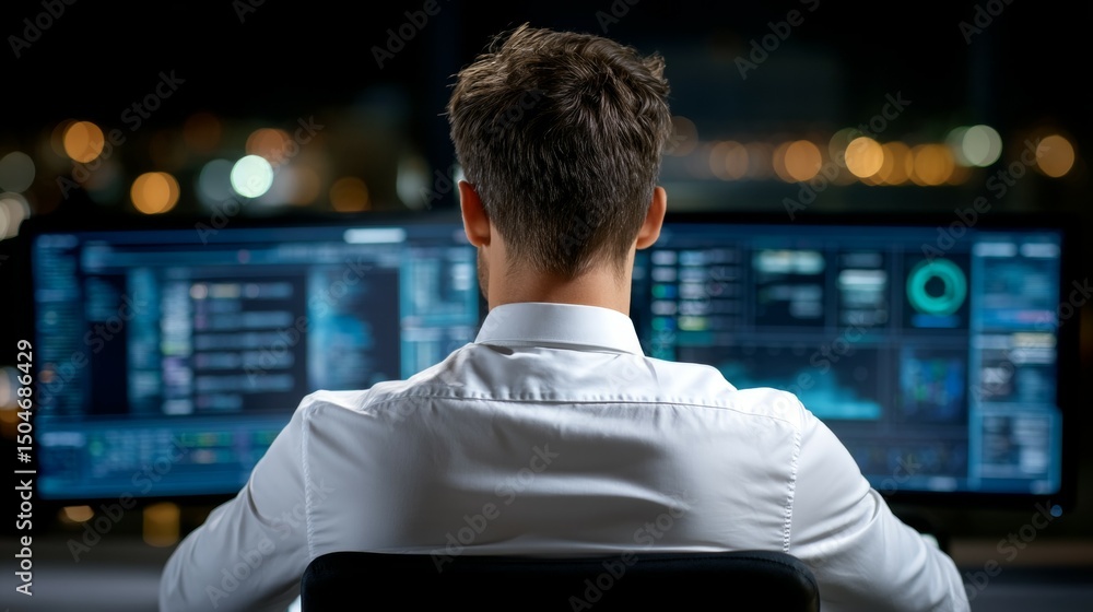 Poster focused caucasian male analyzing data on multiple computer monitors in office at night