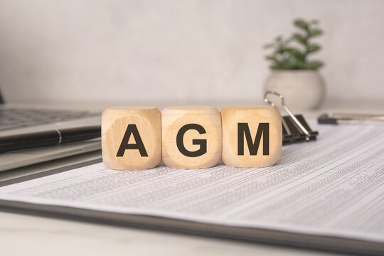 Wooden blocks with AGM letters on office table concept of annual general meeting