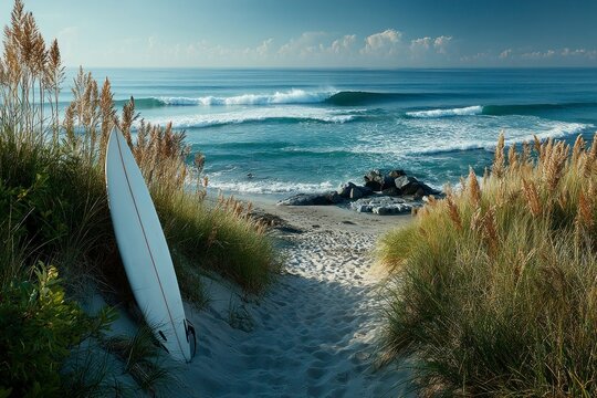 Surfboard Leaning on Sandy Beach with Ocean Waves and Coastal Grasses