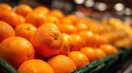 Bright oranges stacked on retail produce display