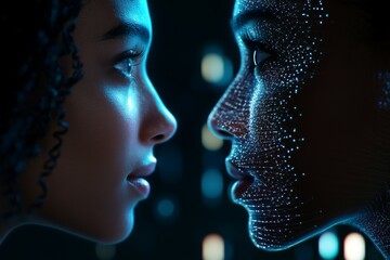 Close-up of young african female with digital face overlay in futuristic setting