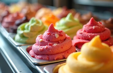 Assorted fruit gelato flavors in a glass display case. Traditional Italian dessert, creamy ice cream scoops. Summer refreshment treats with bright vibrant colors.