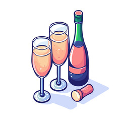 Champagne, 2D isometric flat cartoon vector illustration isolated on white background.
