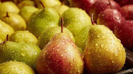 Ripe pears arranged at supermarket fruit section