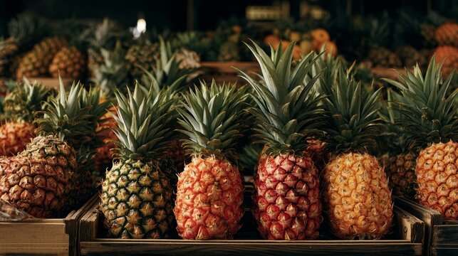 Tropical pineapples showcased in grocery fruit aisle