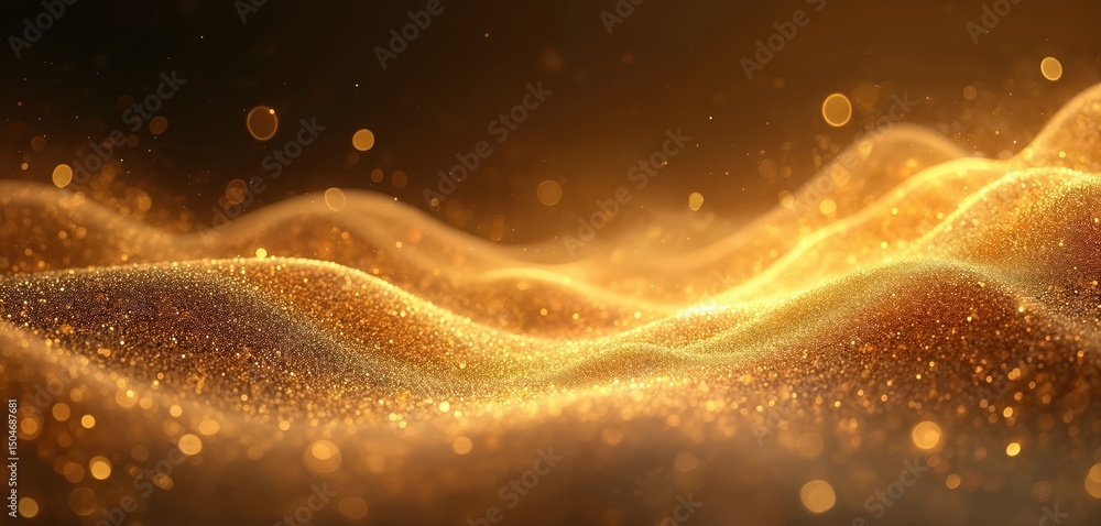 Poster abstract gold background. luxurious swirling design with flowing waves, glittering particles, sparkl