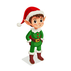 Christmas Elf, vector graphic, 2D flat isometric cartoon illustration on white background.
