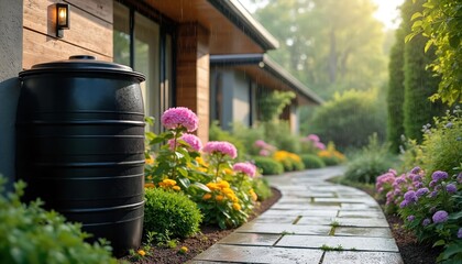 Naklejka premium Rain barrel next to modern house. Rainwater tank for collecting, reusing water in garden. Sustainable eco solution, saving water, green living, drought resistance. Eco-friendly home tech.