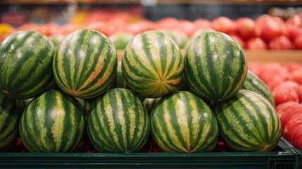 Large watermelons arranged at supermarket stand shelf