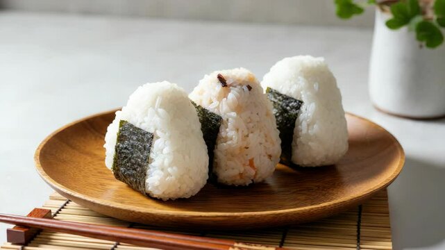 Three Japanese onigiri rice balls with seaweed on wooden plate