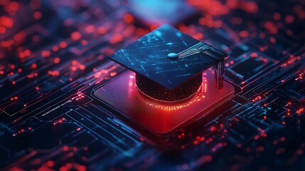 Glowing digital badge shaped like a graduation cap
