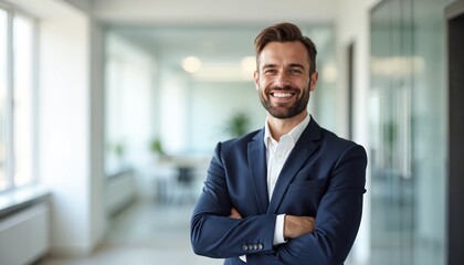 Smiling young businessman stands office with crossed arms. Confident CEO, happy successful male, professional corporate manager in suit. Business career. Proud, stylish entrepreneur.