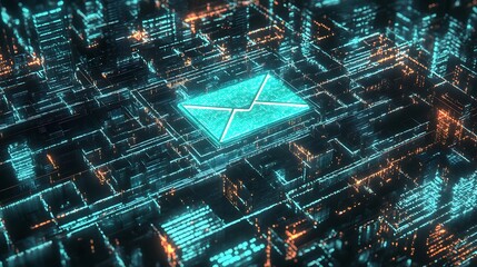 Glowing email icon maze over digital city grid