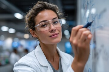 A woman with curly hair writes on a whiteboard in a modern laboratory, representing academic rigor and engagement in a collaborative learning atmosphere filled with technology.