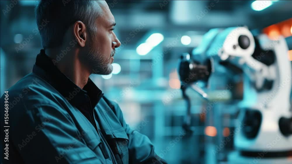 Aufkleber a mechanic working in a factory with robotics and automated machinery.