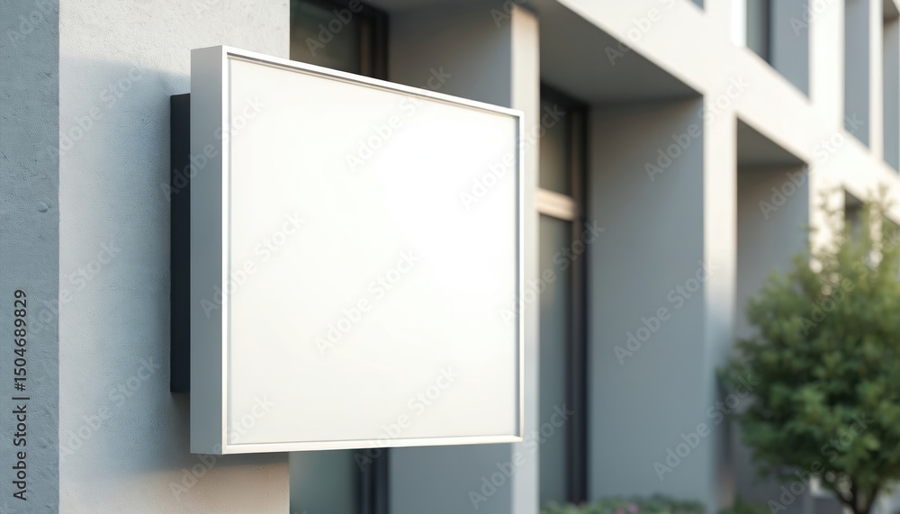 Aufkleber White blank empty square signboard mockup for logo brand presentation. Storefront empty sign display for shop, cafe, eatery. Commercial template for business branding. Modern urban building exterior.