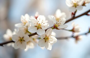 Close-up view of white tree blossom in spring. Delicate spring flowers on tree branch. Beautiful white petals. Blurred background with sunlight. Botany, gardening, nature, growth, beauty, freshness.