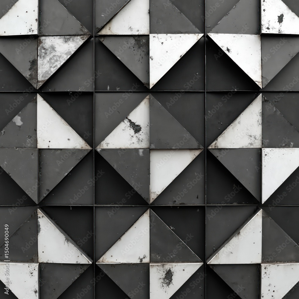Aufkleber Abstract geometric pattern design in black and white with triangle shapes. Minimalist industrial grunge background, weathered, grunge texture. Repeating geometric pattern for wallpapers backgrounds.