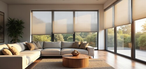 Modern living room with cellular window shades. Interior decor includes a beige sofa wooden coffee table rug, natural light. Energy efficient window treatments. Home apartment design.