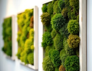 Multicolor preserved moss wall decor eco-design concept. Vertical gardening, interior design, freshness, organic texture, natural wallpaper with vivid green colours. Eco-friendly home decor.