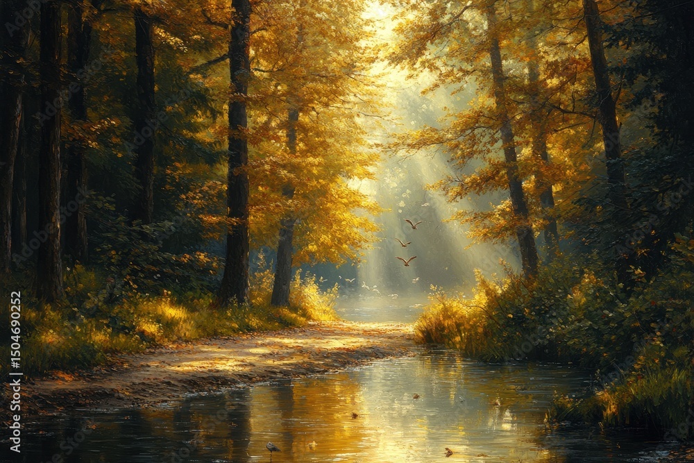 Poster serene forest landscape with golden sunlight filtering through trees and birds soaring above a windi