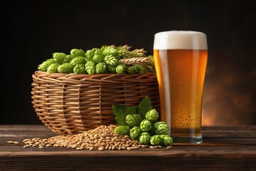 Craft Beer Culture with Local Ingredients and Authentic Flavors Concept, A refreshing pint of beer with hops and barley in a rustic setting.