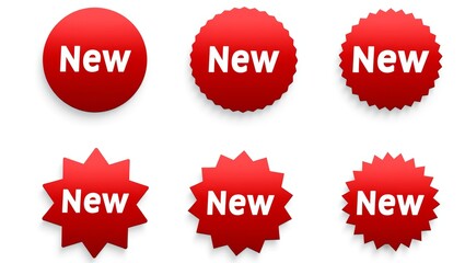 Set of six bold red new badges featuring unique shapes on a clean white background