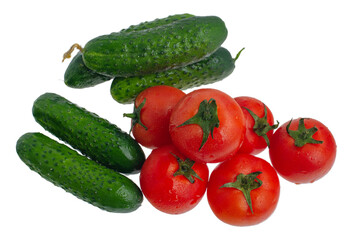 Tomatoes and cucumbers isolate. Vegetables red tomatoes and green cucumbers