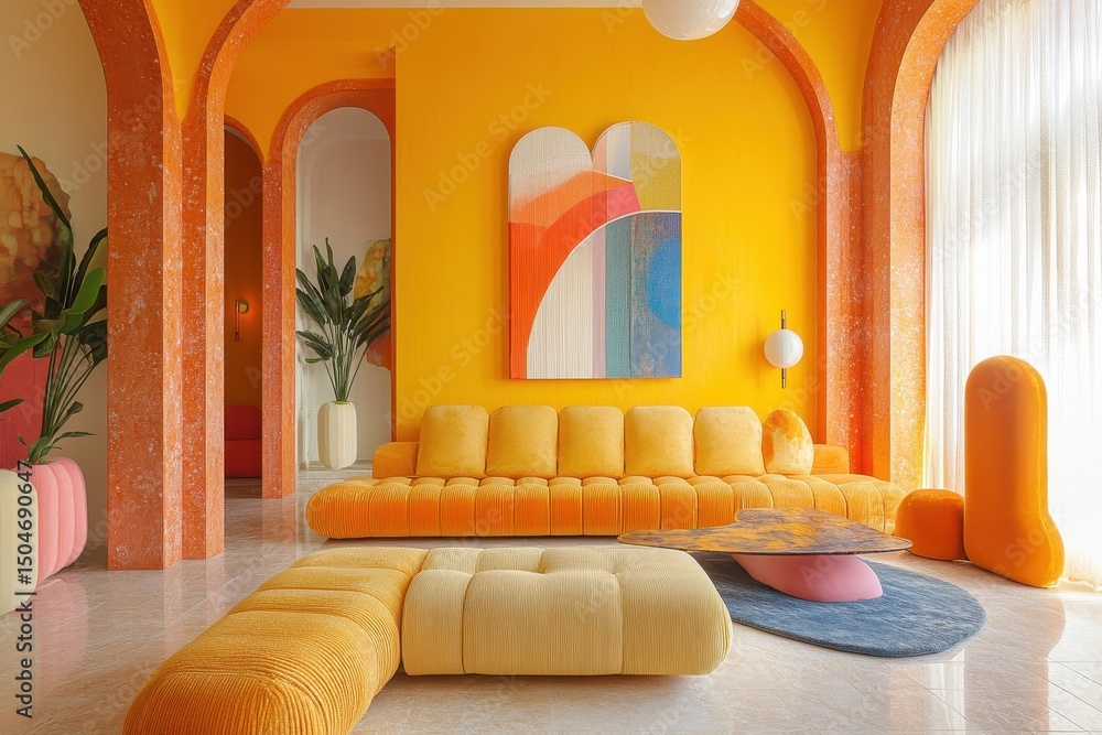 Poster bright yellow couch adorned with colorful pillows casts shadows in a sunlit room with large windows 